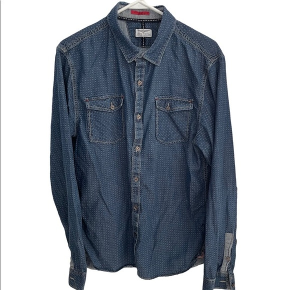 Across The Pond Mens Blue Dotted Denim Button‎ Down Shirt Size Large Long Sleeve